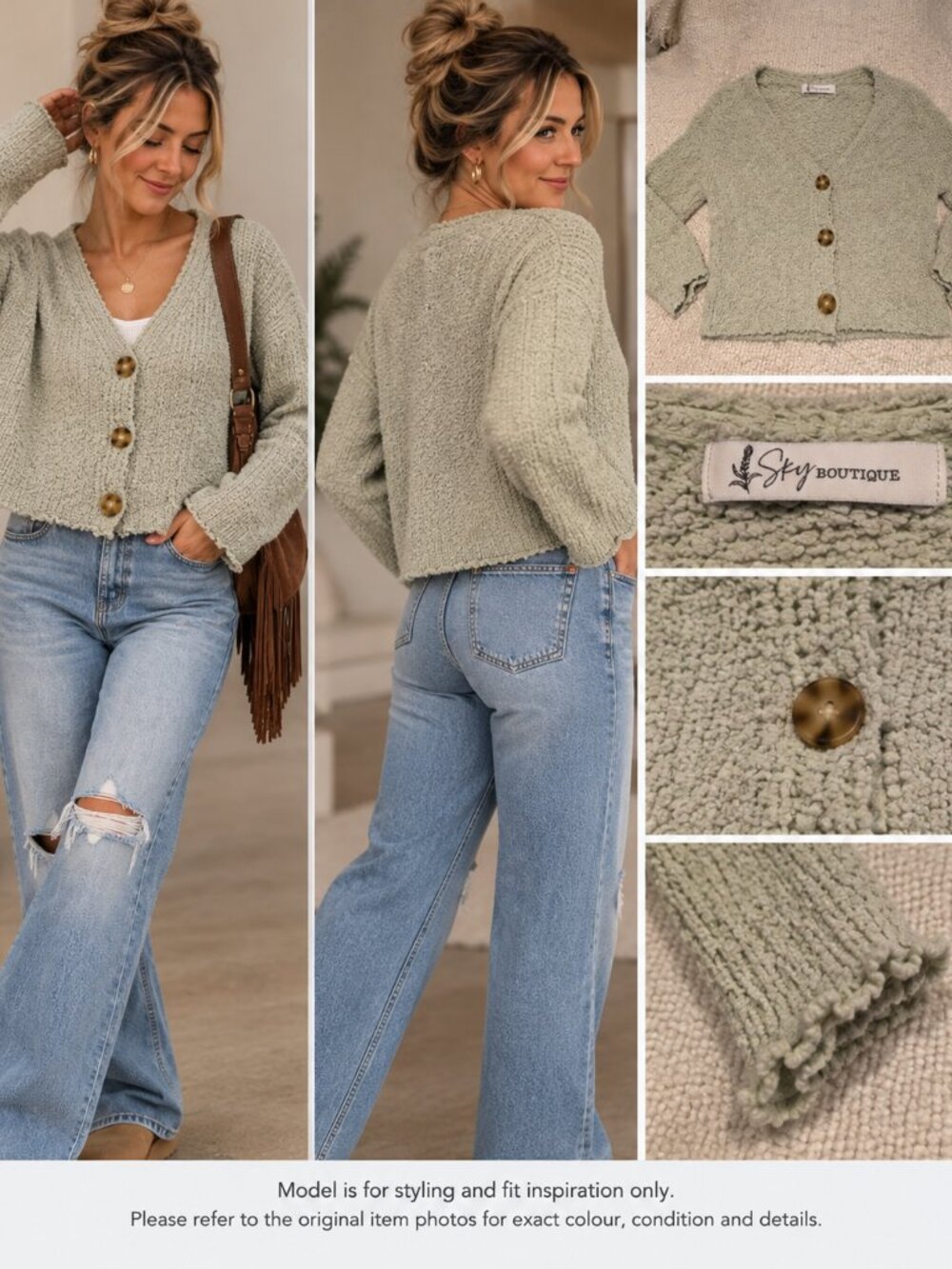 728 - Sky Boutique Sage Green Textured Knit Button Cardigan Boho Coz